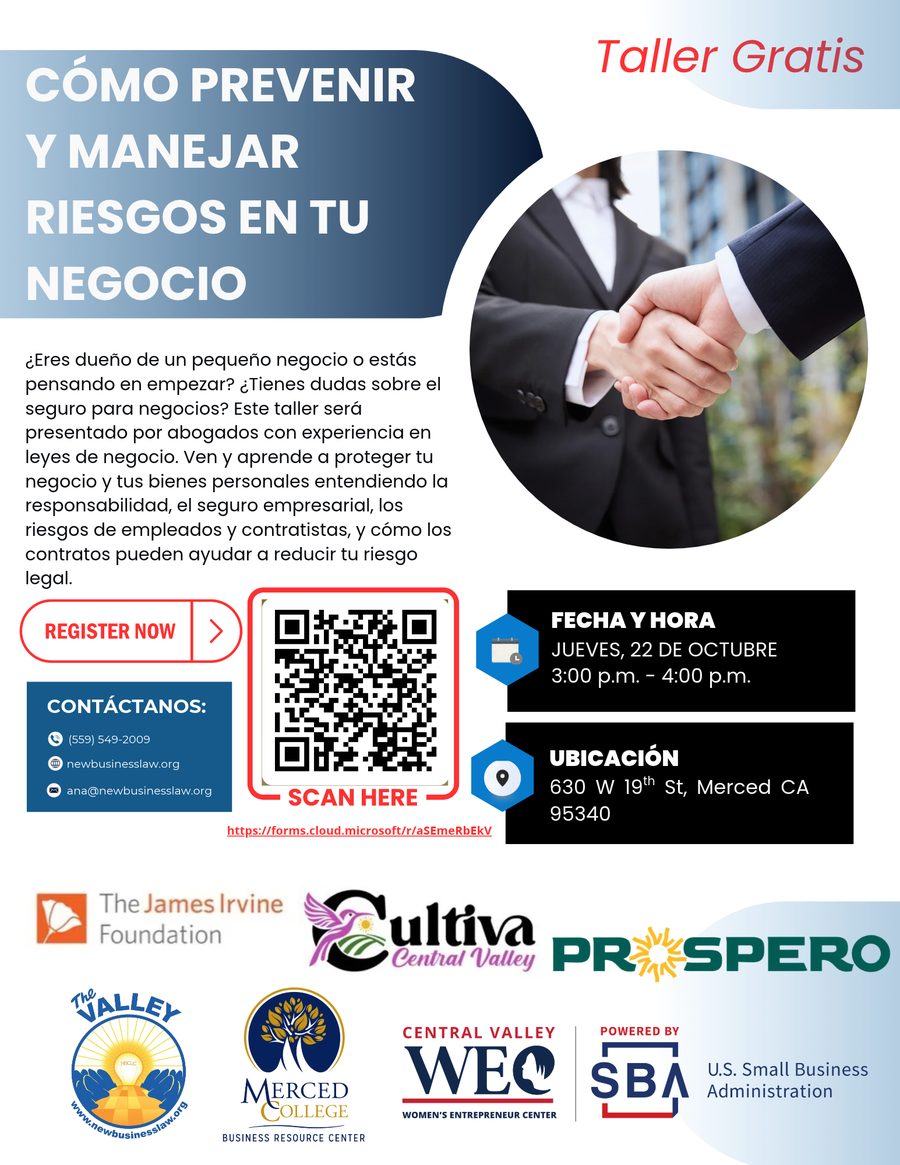 Spanish flyer for Managing Risks for Businesses Workshop